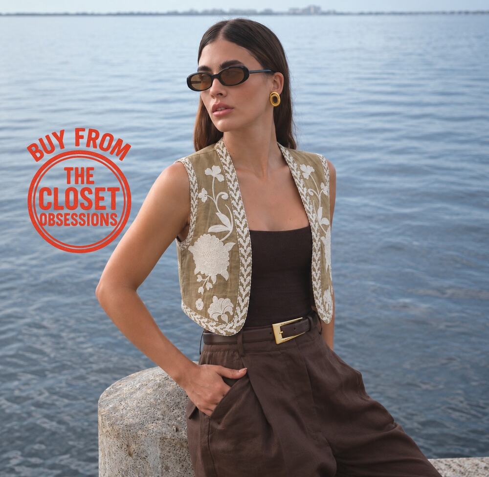 Zara NWT Khaki Embroidered Open Front Boho Vest M L